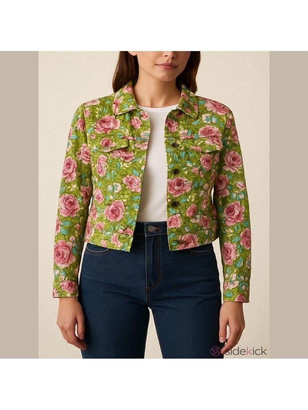 Vintage floral cropped jean jacket • Lime Green hot pink cottagecore rose
